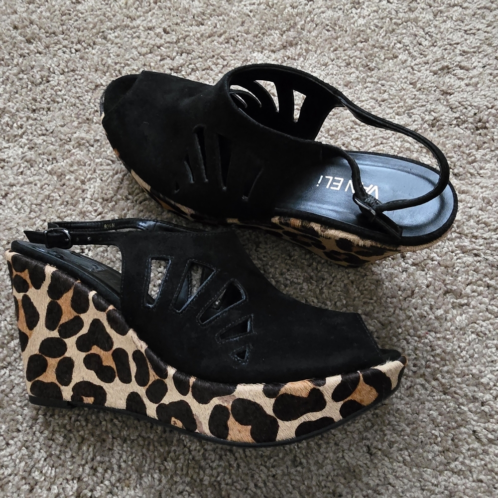 Vaneli Black and Leopard Platform Wedge Sandal, Size 8.5 N